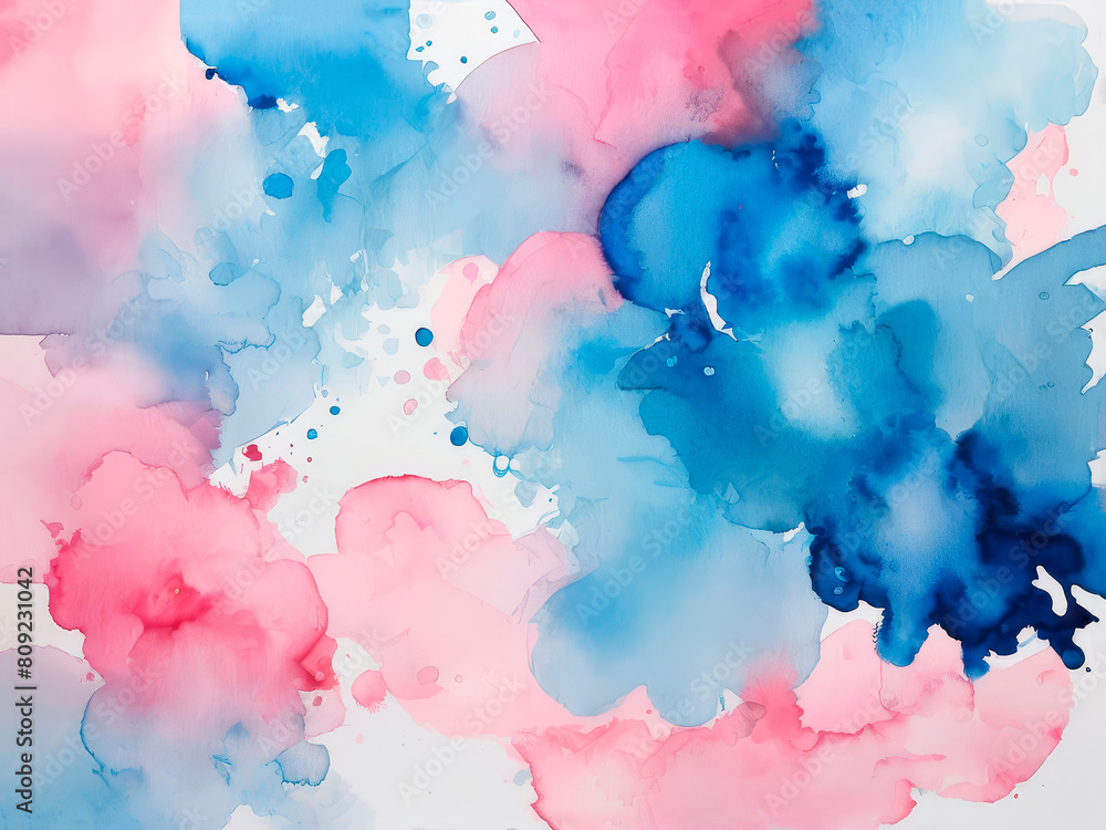 Abstract watercolor background illustration, random pink and blue splashes