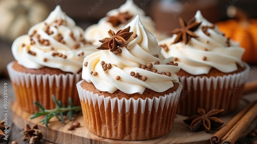Three cupcakes with icing and cinnamon sprinkles on a wooden board Three cupcakes with icing and cinnamon sprinkles on a wooden board