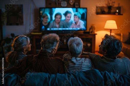 Diverse relatives sitting on a couch, watching TV together, A diverse group of relatives huddled around the TV, engrossed in the film playing