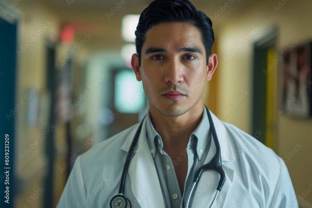 A man in a lab coat and stethoscope standing in a hallway, A doctor in a lab coat with a stethoscope A man in a lab coat and stethoscope standing in a hallway, A doctor in a lab coat with a stethoscope