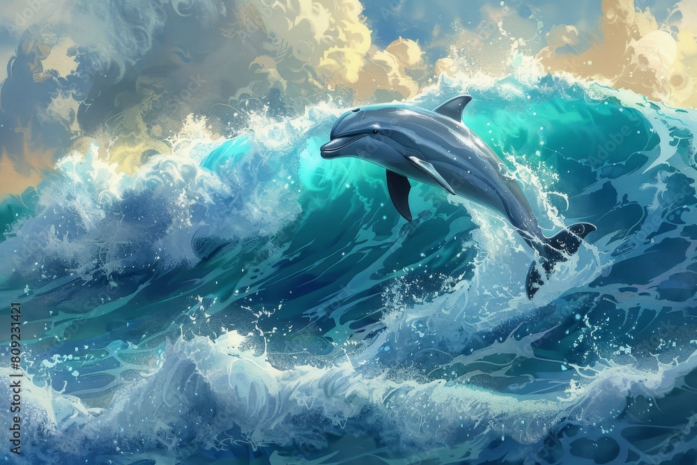 Fototapeta premium A painting capturing the moment a dolphin leaps over a cresting wave, A dolphin leaping joyfully over the crest of a wave