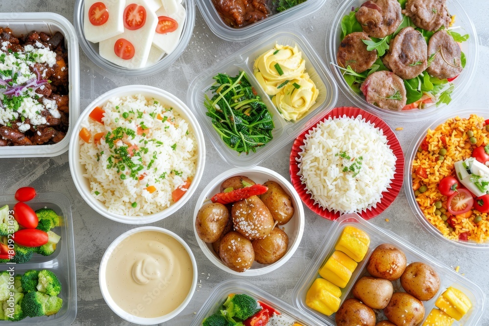 A table full of food with a variety of dishes including rice, potatoes, and meat