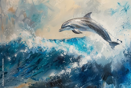 A painting of a dolphin leaping over the crest of a wave with joy  A dolphin leaping joyfully over the crest of a wave