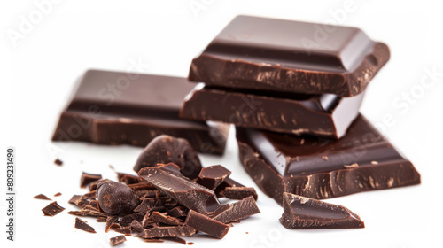 Gourmet dark chocolate bars, partially unwrapped, isolated on a white background 