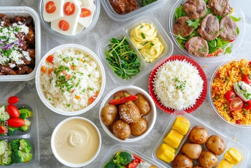 A table full of food with a variety of dishes including rice  potatoes  and meat