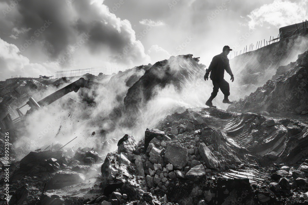 Obraz premium A man is walking through a field of rocks and dirt