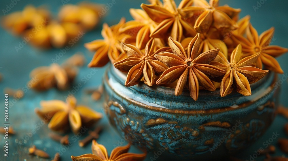   A blue vase sits atop a blue countertop, filled with star anise seeds