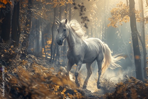 A white horse runs swiftly through a dense forest filled with trees and greenery, A dreamlike scenario of a magical unicorn prancing through a misty forest