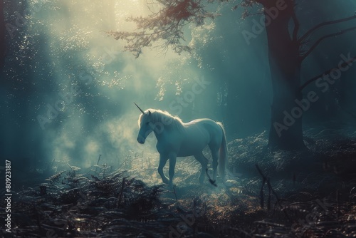 A white unicorn standing gracefully in a forest setting  A dreamlike scenario of a magical unicorn prancing through a misty forest