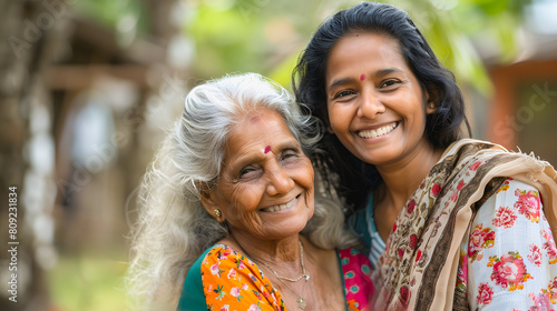 Happy indian grandmother and adult grand daughter smiling on camera - Family love concept - Models by AI generative