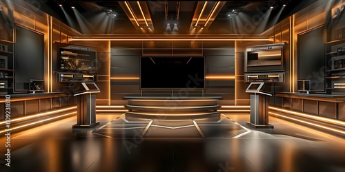 Game Show Set with Boardroom-style Design, Podiums, and Screens. Concept Game Show Set Design, Boardroom Style, Podiums, Big Screens, Studio Lighting photo