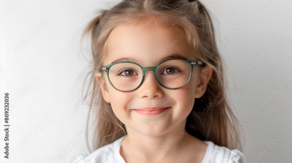Smiling Young Girl with Glasses on White Background. Portrait of Happy Child. Perfect for Educational and Eyewear Advertising. AI