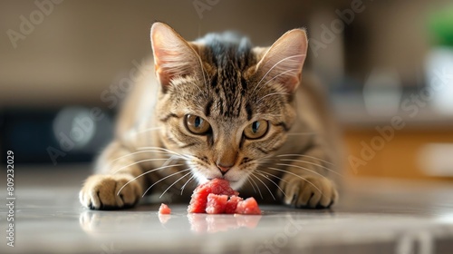 A Bengal cat pawing at a chunk of raw beef on a clean, light-colored surface, showcasing its natural predatory instincts