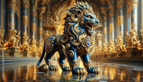 A blue lion statue stands in front of a gold palace