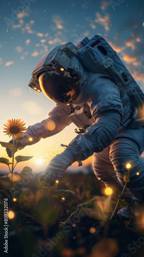 Astronaut touching a sunflower at sunset