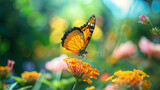 Butterfly on flower. A vibrant orange butterfly delicately perched on a cluster of bright yellow flowers in a lush garden. AI generative..