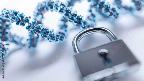 Genetic privacy concerns visualized by DNA strands enclosed within a padlock, isolated on white background 
