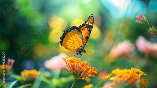 Butterfly on flower. A vibrant orange butterfly delicately perched on a cluster of bright yellow flowers in a lush garden. AI generative.. © kosarit