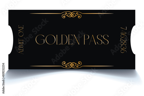 Realistic golden show ticket. Old premium cinema entrance tickets. Gold admission to movie theater or amusement shows vector set