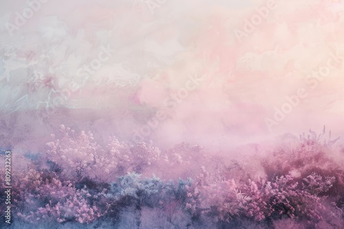 Painting featuring pink and blue flowers beautifully contrasted against a white backdrop, A dreamy, ethereal landscape of soft pastel pinks blending together seamlessly