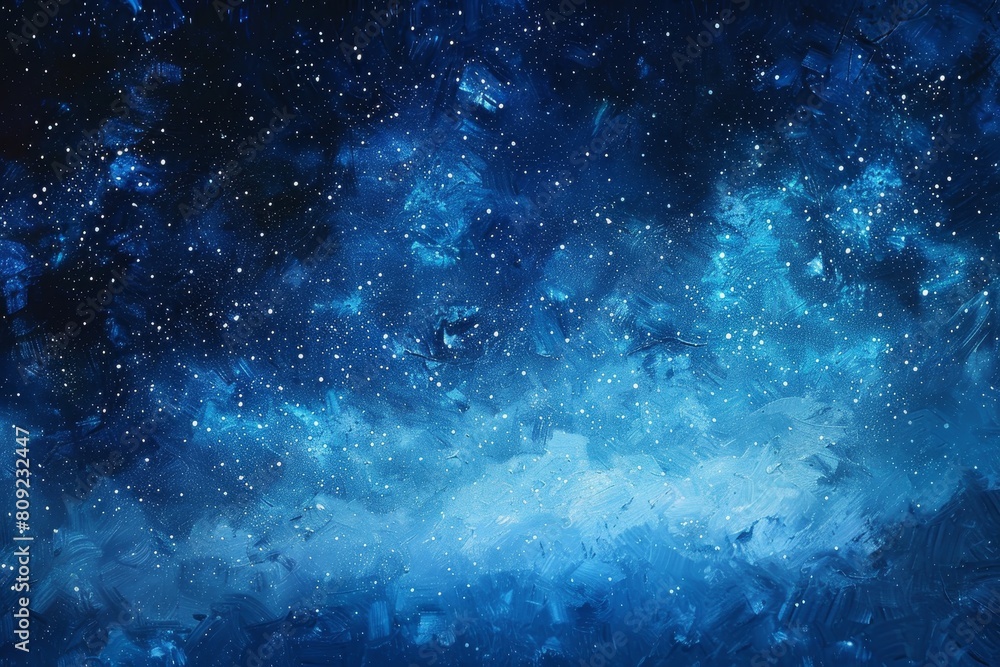 Fototapeta premium A depiction of a night sky filled with twinkling stars in a painting, A dreamy interpretation of a starry night sky with shades of blue and twinkling stars against a midnight blue background