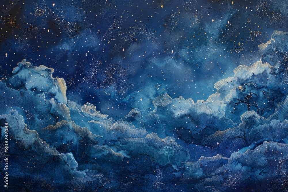 Obraz premium Night Sky Painting With Clouds and Stars, A dreamy interpretation of a starry night sky with shades of blue and twinkling stars against a midnight blue background