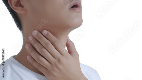 Close-up young Asian man use hand to massage on the neck to relieve symptoms of pain from flu virus infections or lymphoma isolated on a transparent background