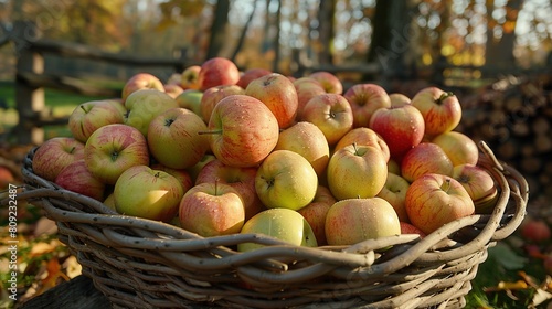   Basket overflowing with multiple apples perched atop leafy mound  adjacent to cone-strewn heap