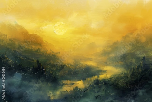 A painting capturing the beauty of a sunset over a flowing river  with warm hues reflecting on the water  A dreamy landscape set against a soft yellow sky