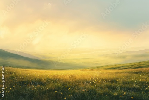 A painting featuring a grassy field with majestic mountains in the background under a soft yellow sky  A dreamy landscape set against a soft yellow sky