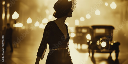 Flapper in New York concept. Old movie style profile portrait of young girl at night street of Big Apple city. Moody retro atmosphere of the beginning of XX century. Outdoor sepia shot