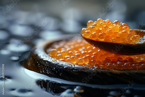 A spoonful of vibrant salmon roe offers a glimpse,
Red salmon caviar on a spoon
 photo