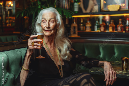 Perfect at any age. Gorgeous old lady in black dress holding a glass of white sparkling wine at dinner party of high society. Perfect make-up and hairdo. Indoor shot photo
