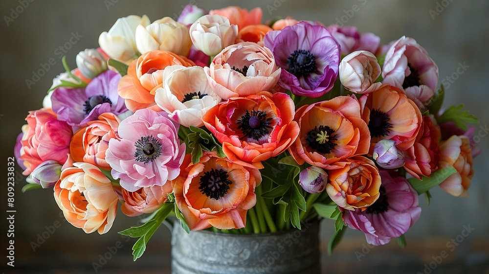 Obraz premium Vase filled with colorful flowers on wooden table against wall