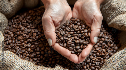 Woman, hand and coffee beans with pattern of grain for farming, produce and organic harvest. Roast, fresh and person with texture of brown seed for caffeine, ingredient and natural growth in Brazil