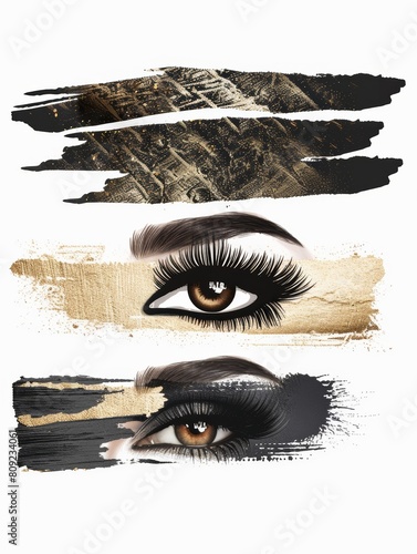 A golden and black painting featuring three distinct pairs of eyes with long, luscious eyelashes