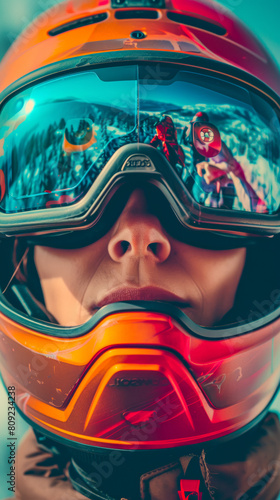 A woman wearing a red helmet with goggles on her face