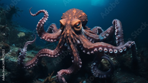 Majestic Octopus Gliding Through The Ocean Depths With Grace. Generative AI