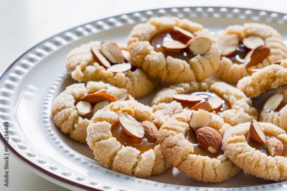 Almond Caramel Thumbprints on Elegant Platter Almond Caramel Thumbprints on Elegant Platter