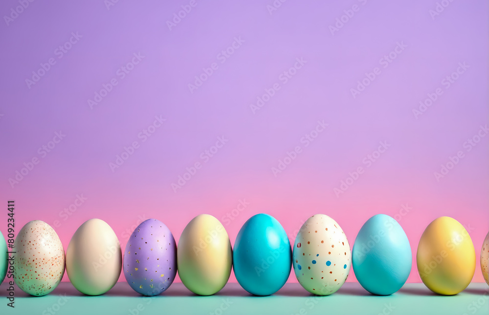 Row of easter painted eggs on violet background.