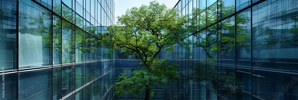 Lonely Tree Growing in Modern Glass Building Urban Oasis Concept Lonely Tree Growing in Modern Glass Building Urban Oasis Concept