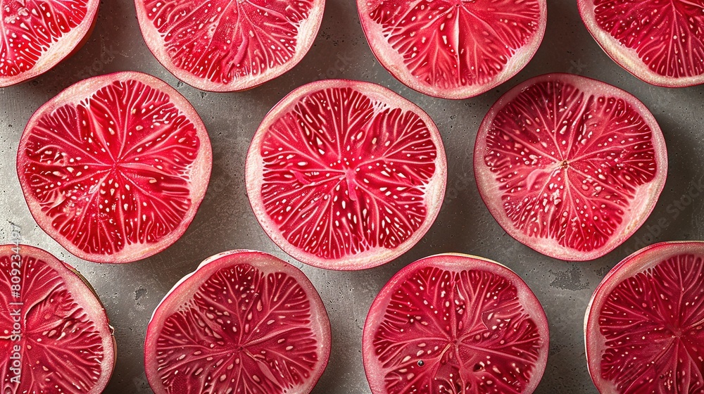 A cluster of sliced grapefruits placed on a metal dish atop a table A cluster of sliced grapefruits placed on a metal dish atop a table