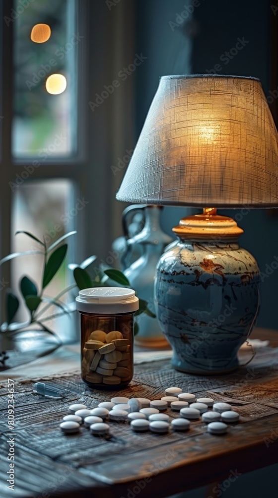 Cozy home setting with lamp, pills, and plant on wooden table. Health care and home interior concept. Still life composition with copy space for text. Cozy home setting with lamp, pills, and plant on wooden table. Health care and home interior concept. Still life composition with copy space for text.