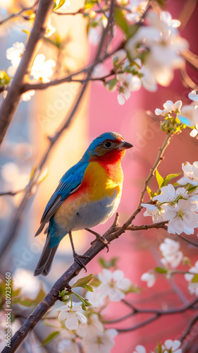 A colorful bird standing on a branch of a tree with white flowers in bloom, brightly colored