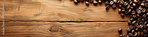 A wooden background with coffee beans on it