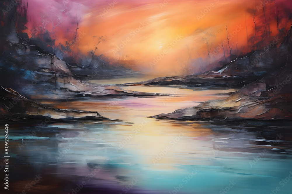 hopeful river sunrise. abstract landscape painting, generative ai