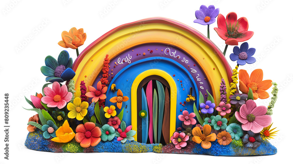 Colorful and Whimsical Rainbow House with Flowers and plants isolated on a transparent background