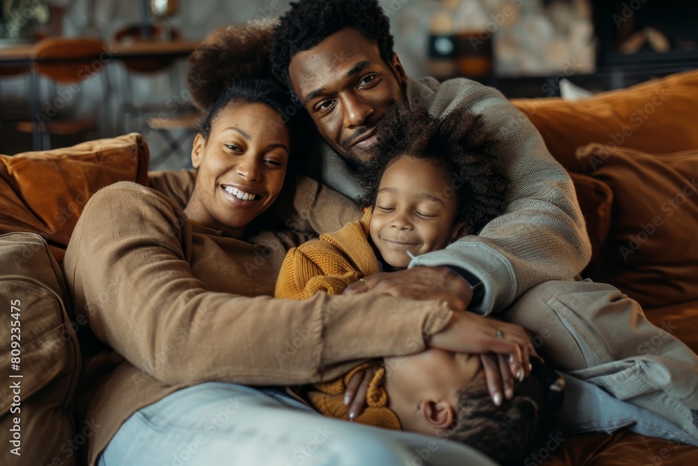 A man, woman, and child embrace in a heartfelt hug while sitting together on a comfortable couch, A family cuddled up together on a cozy couch A man, woman, and child embrace in a heartfelt hug while sitting together on a comfortable couch, A family cuddled up together on a cozy couch