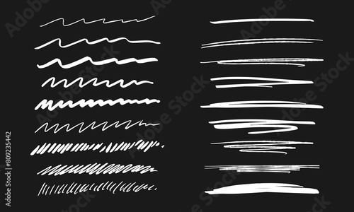 Underlining and scribbling. Collection of eighteen randomly drawn white squiggles and doodles on a black background. Vector set of handwritten symbols and signs