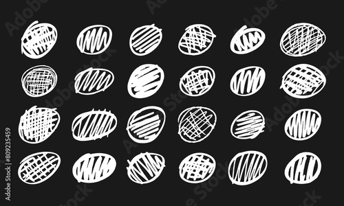 Circle strikethroughs and scribbles. Collection of twenty-four randomly drawn white squiggles and doodles on a black background. Vector set of handwritten symbols and signs